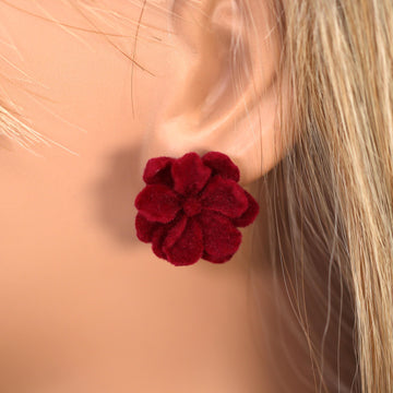 Valentines Red Velvet Flower Stud Earrings, Bridal Jewelry, Bridal Stud Earrings, Gift For Her, Statement Earrings, Bridesmaid Earring.